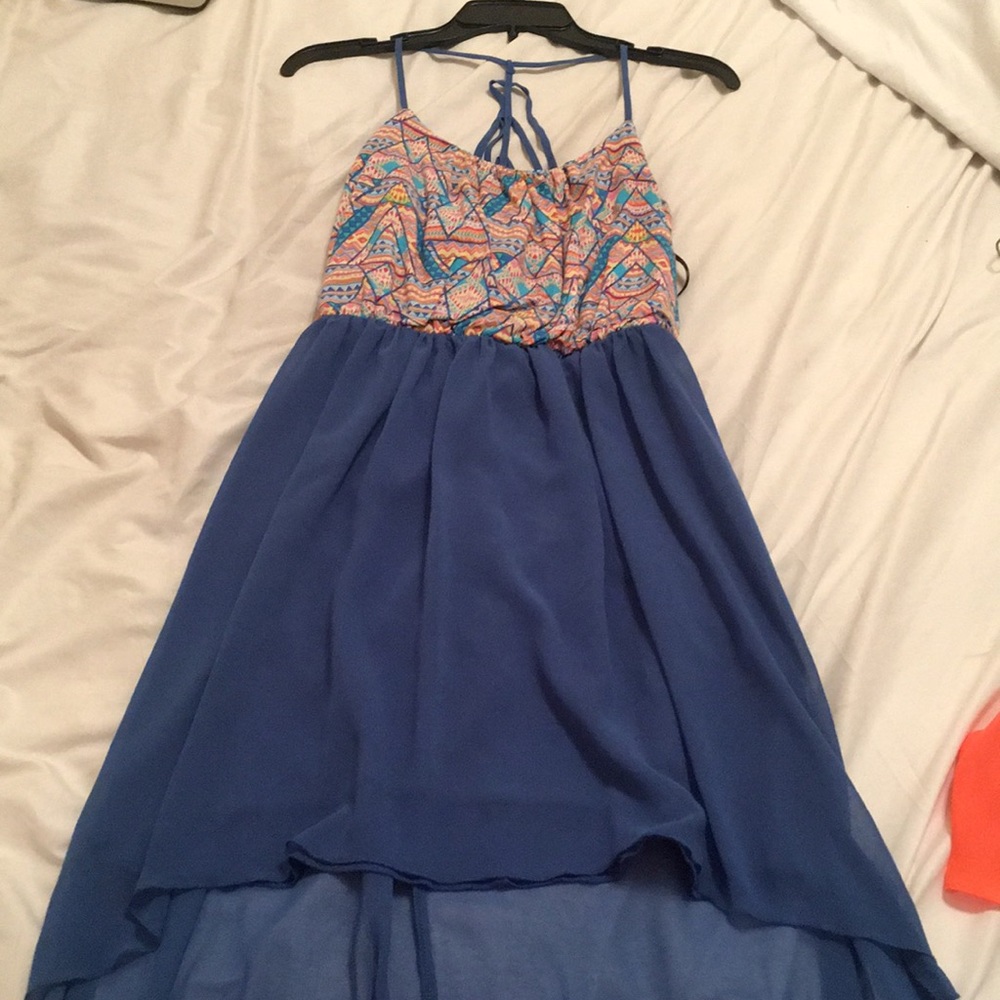 Tribal print and blue high low dress